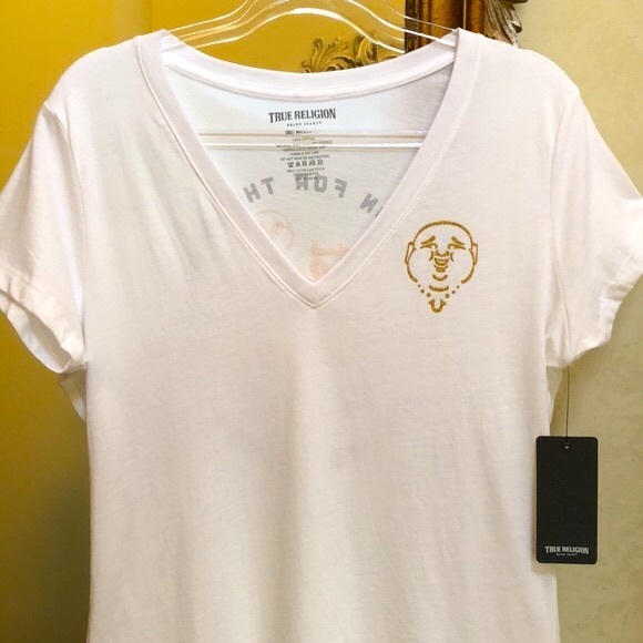 New True Religion Womens short sleeve t shirt. L. Black and shimmer gold writing - Picture 9 of 15